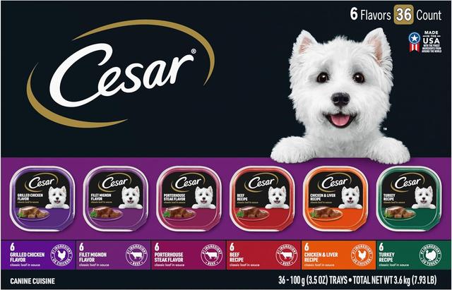 Product image of Cesar Adult Wet Dog Food Classic Loaf in Sauce Grilled Chicken, Filet Mignon, Porterhouse Steak, Beef, Chicken & Liver and Turkey Variety Pack, 3.5 oz. Easy Peel Trays, Pack of 36