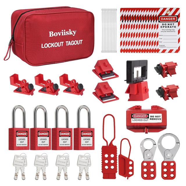 Product image of Lockout Tagout Kit Electrical Loto- Hasps, Clamp on and Universal Multipole Circuit Breaker Lockouts，4 Loto Safety Padlocks, Tags, Nylon Ties with Pocket Bag, Keyed Different, 7131R