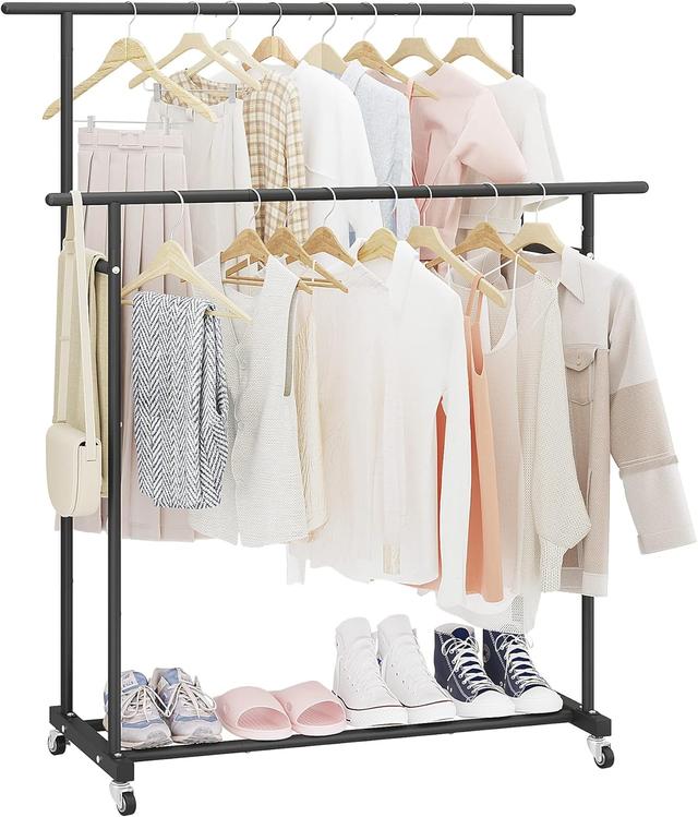 Product image of Calmootey Double Rod Clothing Garment Rack,Rolling Hanging Clothes Rack,Portable Clothes Organizer for Bedroom,Living Room,Clothing Store,Black
