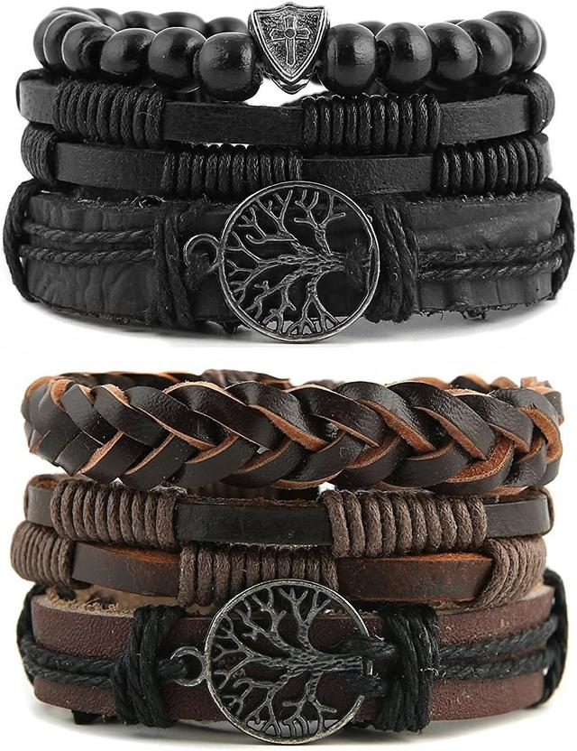 Product image of HZMAN Genuine Leather Tree of life Bracelets Men Women, Tiger Eye Natural Stone Lava Rock Beads Ethnic Tribal Elastic Bracelets Wristbands