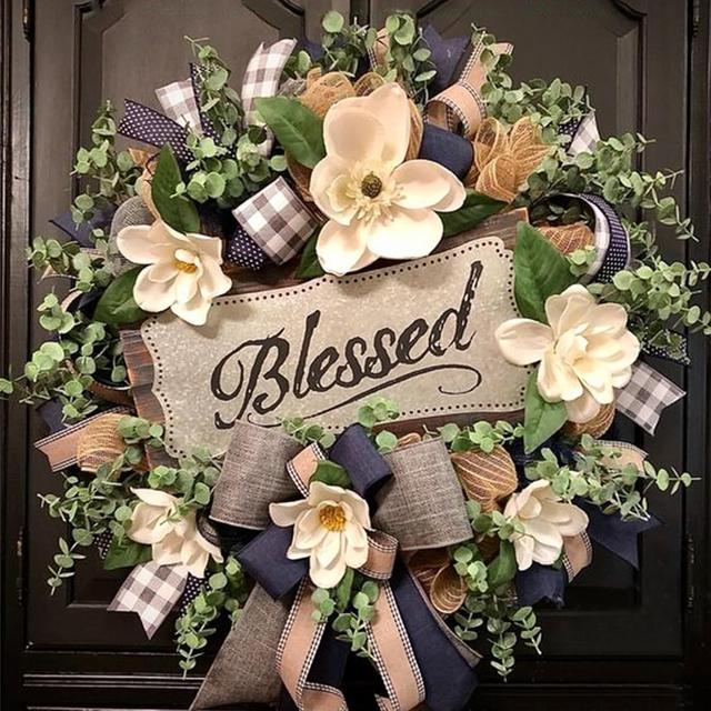 Product image of Spring Summer Wreath for Front Door,Farmhouse Magnolia Porch Decoration,Front Door Hanger,Housewarming Gift, Buffalo Plaid Year Round Wreath,Summer Home Decor