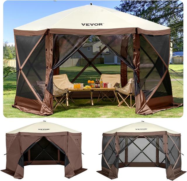 Product image of VEVOR 12 * 12ft 6 Sided Pop-up Canopy Shelter Tent with Mesh Windows, Portable Carry Bag, Stakes, Large Shade Tents for Outdoor Camping, Lawn and Backyard, Brown/Beige