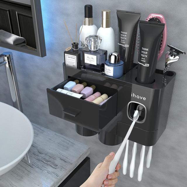 Product image of iHave Toothbrush Holders for Bathrooms, 2 Cups Toothbrush Holder Wall Mounted with Toothpaste Dispenser - Large Capacity Tray, Cosmetic Drawer - Tooth Brushing Holder & Bathroom Accessories