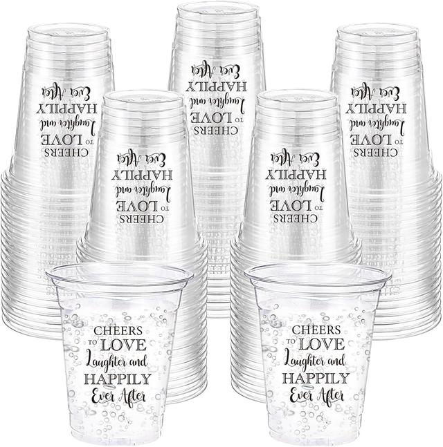 Product image of 60 Pack Wedding Cup Cheers to Love Laughter Happily Ever After 12 oz Disposable Clear Plastic Drinking Cups Bulk for Wedding Reception Bridal Shower Engagement Party Decoration