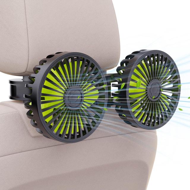 Product image of USB Car Cooling Fans for Backseat: Dual Head Car Fan for Kids 3 Speeds 360° Rotatable Vehicle Rear Headrest Fans 5V Powerful Electric Air Circulation Fan for Sedan SUV RV Truck (Black+Green)