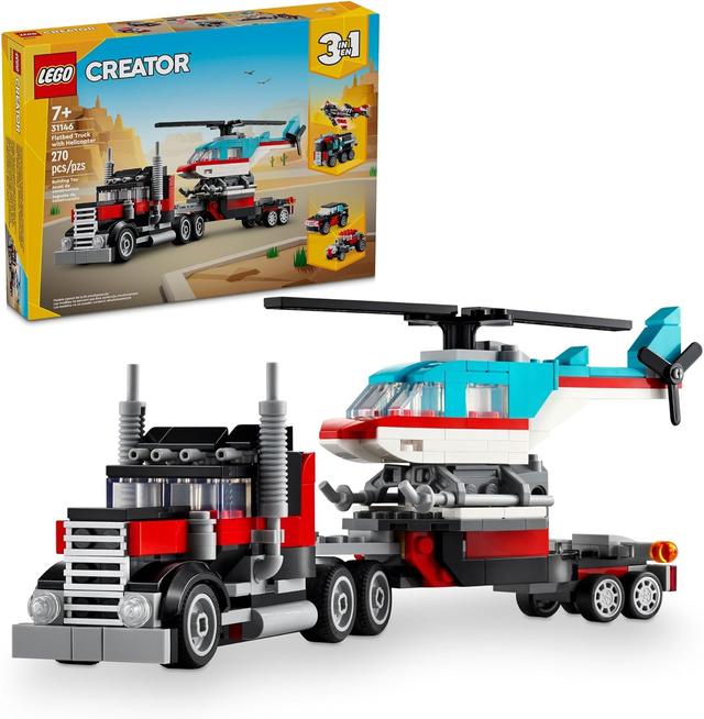 Product image of LEGO Creator 3 in 1 Flatbed Truck with Helicopter Toy, Transforms from Flatbed Truck Toy to Propeller Plane to Hot Rod and SUV Car Toys, Gift Idea for Boys and Girls Ages 7 Years Old and Up, 31146
