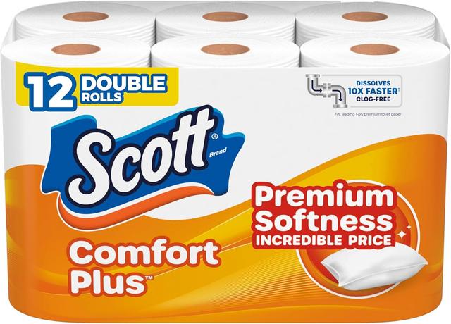 Product image of Scott ComfortPlus Toilet Paper, 12 Double Rolls, 231 Sheets per Roll, Septic-Safe, 1-Ply Toilet Tissue