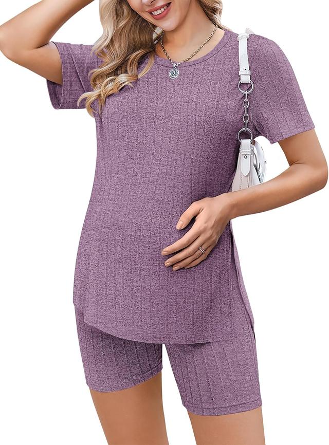 Product image of Ekouaer Maternity Sets 2 Piece Outfits Ribbed Knit Short Sleeve Shirts and Biker Shorts Pregnancy Loungewear Mama Clothes