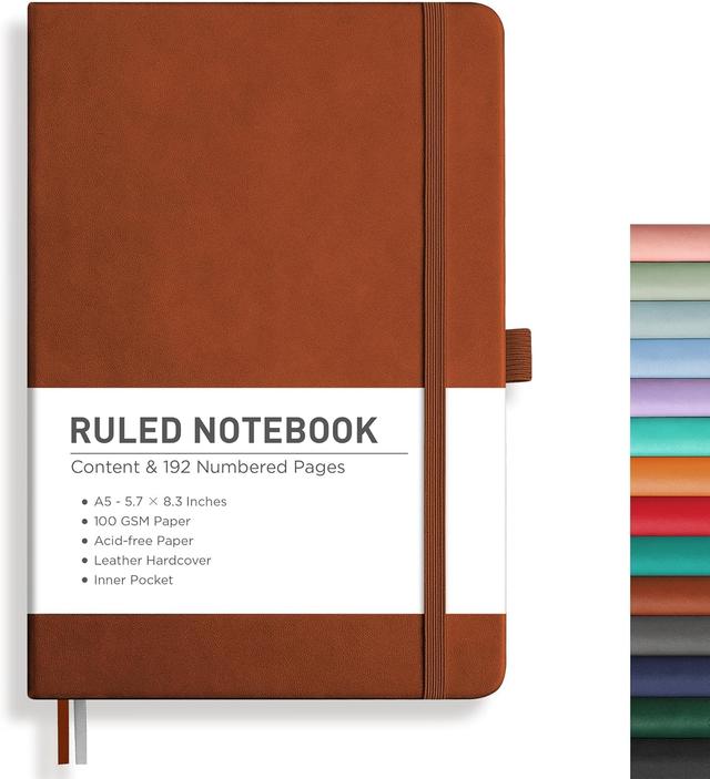 Product image of RETTACY Lined Journal Notebook, 192 Numbered Pages, A5 Medium Size (5.7'' x 8.3''), for Men & Women, Journaling, Writing, Work & Office, Leather Hardcover, 100 GSM Thick Paper (Brown)