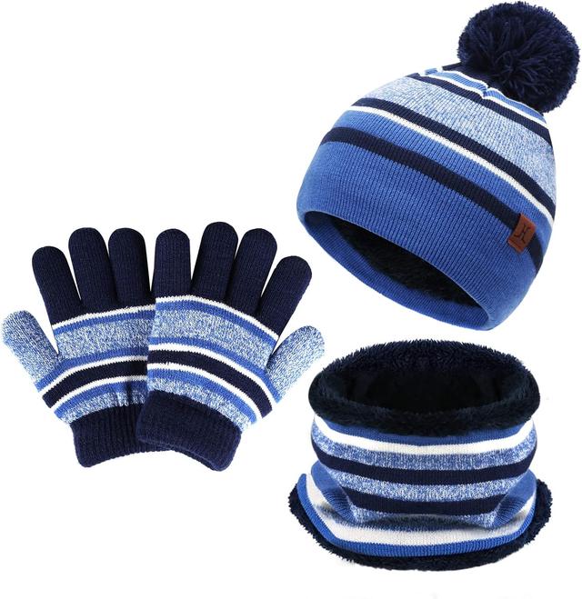 Product image of Kids Toddlers Winter Knit Warm Beanie Hat Scarf Gloves Set for Boys Girls Age 2-7, Pompom Cap Neck Warmer Gloves Fleece Lined