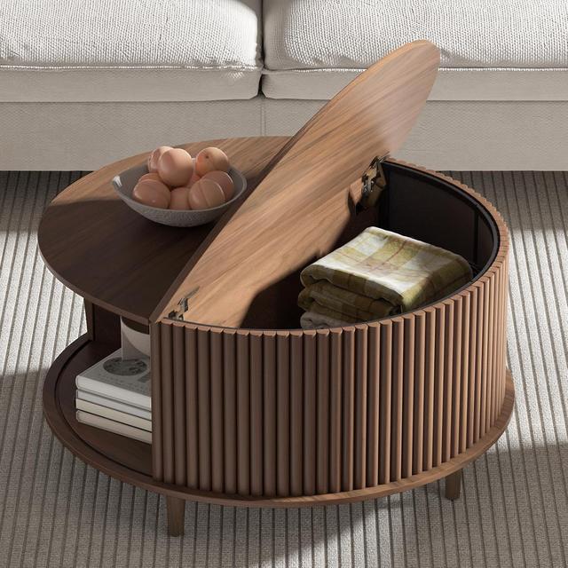 Product image of Round Coffee Table with Storage,Mid Century Modern Coffee Table with Sliding Cabinet Door for Living Room,Home Small Space,31.5" Fluted Center Table,Walnut