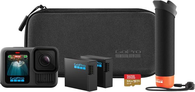 Product image of GoPro HERO13 Black Accessory Bundle - Includes The Handler, 2 Enduro Batteries, 2 Curved Adhesive Mounts, 64GB SanDisk MicroSD Card, and Carrying Case