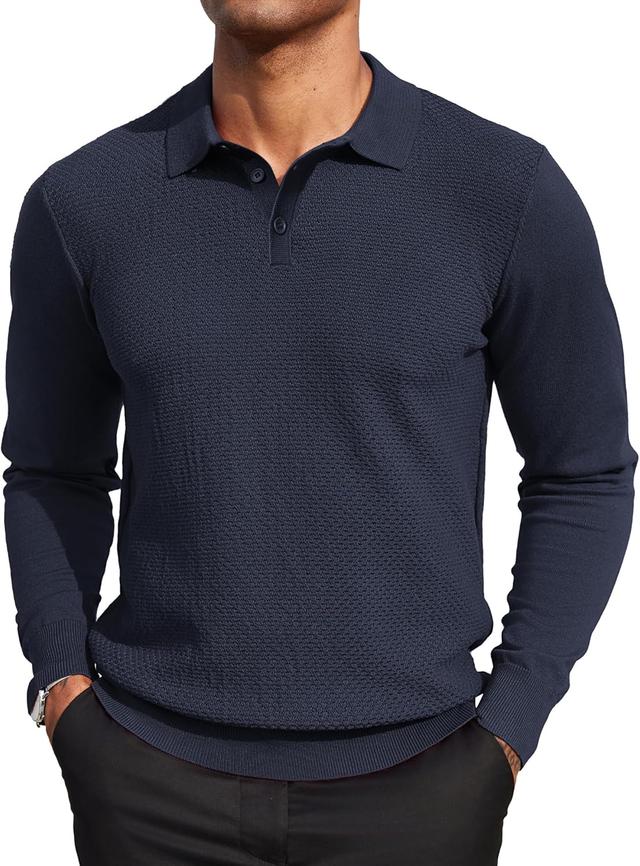 Product image of COOFANDY Men's Knit Polo Sweater Long Sleeve Casual Collared Quarter Button Golf Waffle Textured Sweater