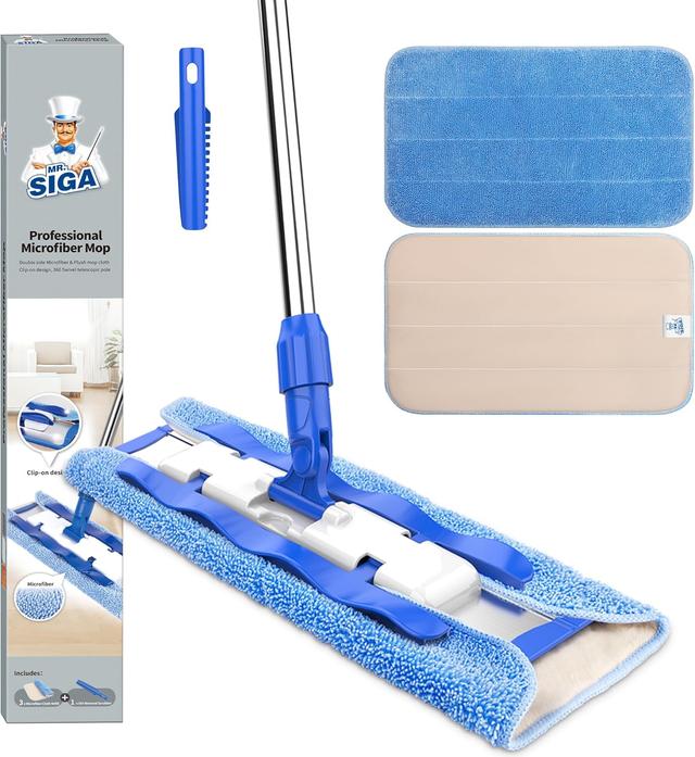 Product image of MR.SIGA Professional Microfiber Mop for Hardwood, Laminate, Tile Floor Cleaning, Stainless Steel Telescopic Handle - 3 Reusable Flat Mop Refills and 1 Dirt Removal Scrubber Included