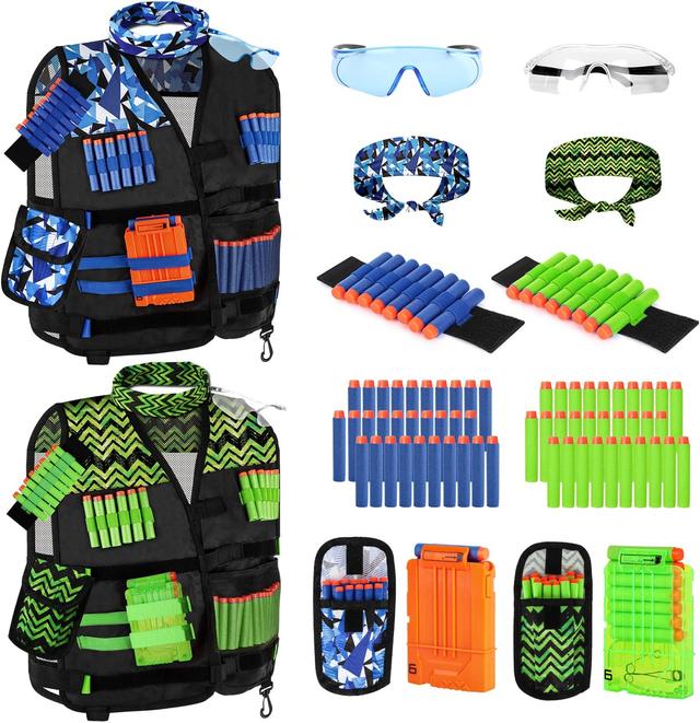 Product image of Lehoo Castle 2PACK Kids Tactical Vest Kit for Nerf Guns N-Strike Elite Series for Boys Girls, with 60 Refill Darts, Dart Pouch, Tactical Mask, Reload Clips, Protective Glasses (Blue+Green)