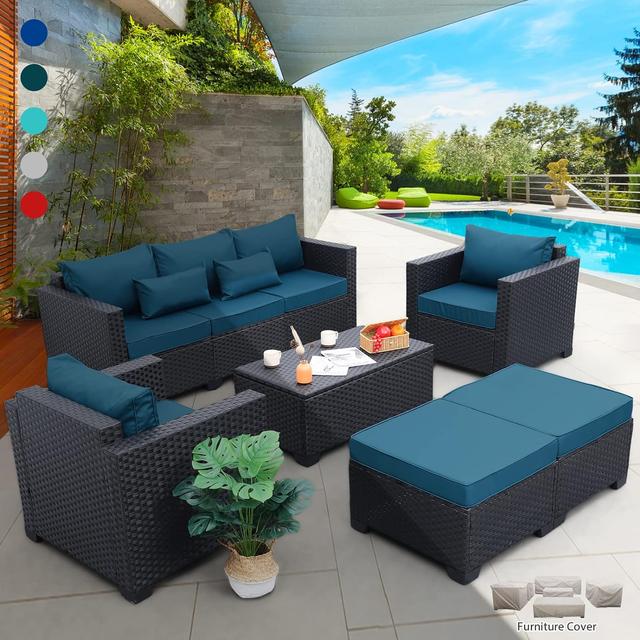 Product image of Rattaner Patio Furniture Set 6 Pieces Couch Outdoor Chairs Coffee Table Peacock Blue Anti-Slip Cushions and Waterproof Covers