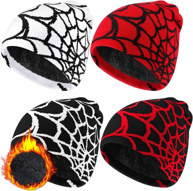 Product image of Jeyiour 4 Pcs Y2K Beanies Spider Web Pattern Beanie Gothic Acrylic Knitted Hat Casual Streetwear Outdoor for Men