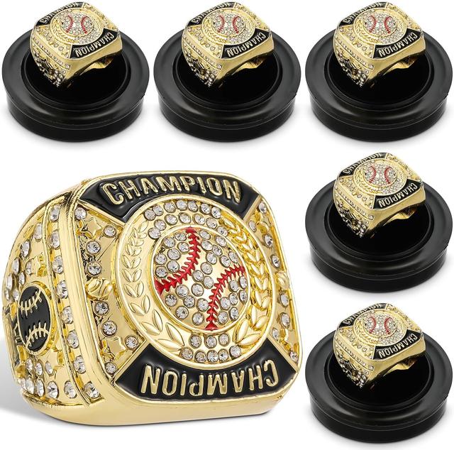 Product image of 6 Pack Baseball Rings Softball Championship Rings Ball Games Championship Trophy Rings Sport Award Gift with Display Neck Chain and Stand for Tournament or League Champion Winner