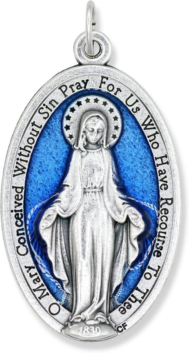 Product image of Caritas et Fides Miraculous Medal Pendant Necklace Extra Large - 1.75" Silver Oxidized with Blue Enamel Accent Large Miraculous Medals for Jewelry Catholic Made in Italy
