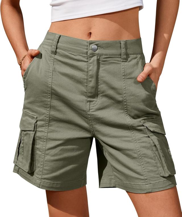 Product image of IVIR Bermuda Cargo Shorts for Women Knee Length 6 Pockets Elastic Waist Long Shorts for Summer Casual