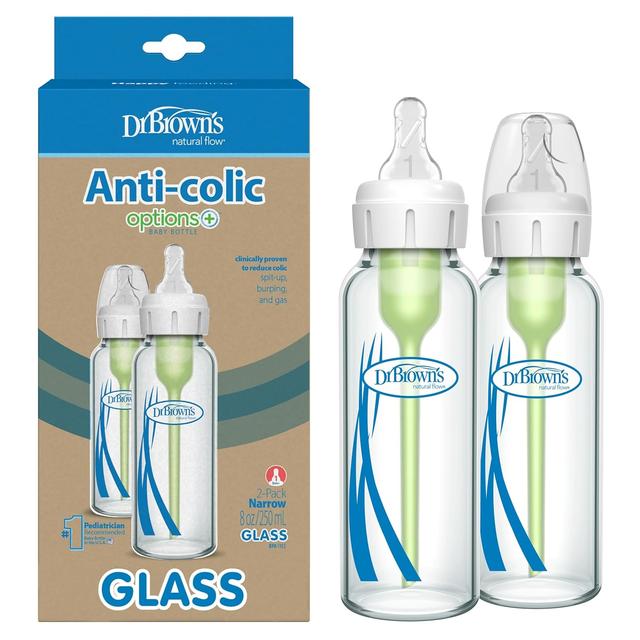 Product image of Dr. Brown's Natural Flow Anti-Colic Options+ Narrow Glass Baby Bottle 8 oz/250 mL, with Level 1 Slow Flow Nipple, 2 Pack, 0m+