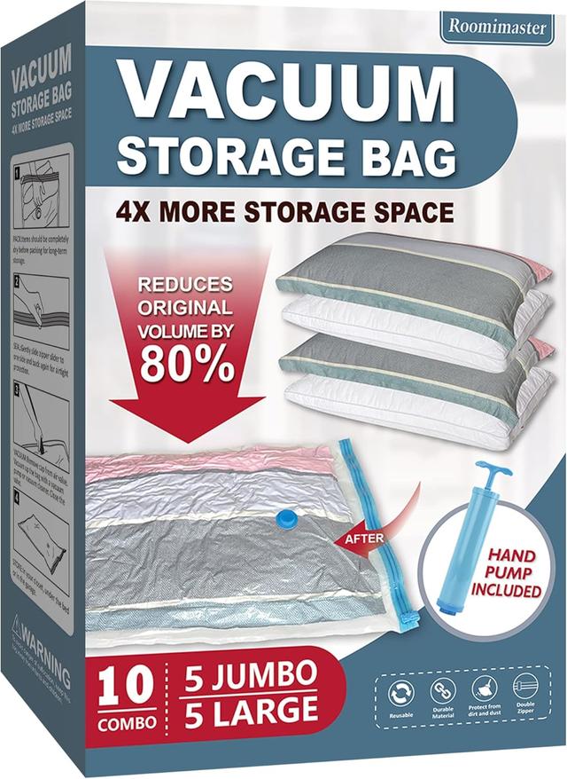 Product image of 10 Pack Vacuum Storage Bags with Pump, 5 Jumbo and 5 Large Space Saver Vacuum Storage Bags, Vacuum Seal Bags for Clothing, Comfoters, Pillows, Blanket, Bedding