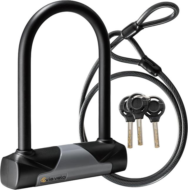 Product image of Via Velo Bike U-Lock with Cable, Heavy Duty Anti-Theft Bicycle U Locks with 8mm Braided Steel and 3 Keys, 4ft Length Security Cable for Bike, Scooter Mountain Road Bike