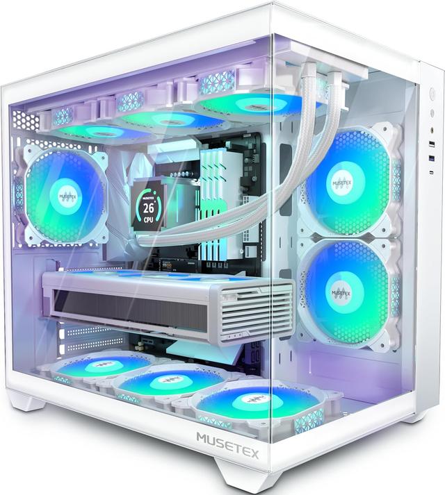 Product image of MUSETEX ATX PC Case, 6 PWM ARGB Fans Pre-Installed, 360MM RAD Support, Type-C Gaming PC Case, 270° Full View Tempered Glass Mid Tower, Pure White ATX Computer Case,Y6