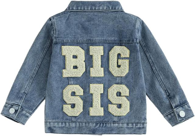 Product image of VISGOGO Toddler Baby Girl Jacket Big Lil Sister/Brother Letter Embroidery Jean Long Sleeve Cardigan Button Denim Coat