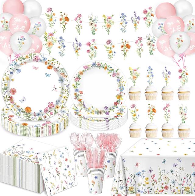 Product image of 175 PCS Spring Wildflower Party Decorations include Plates, Cups, Napkins, Cutlery, Cake Toppers, Banner, Tablecloth, Balloons for Floral Baby Shower Birthday Decorations, Serves 20