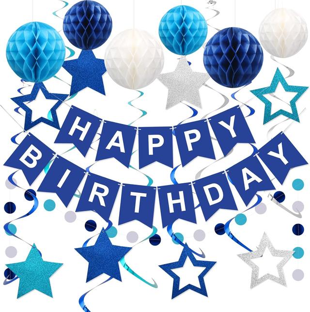 Product image of meowtastic Birthday Decorations, Happy Birthday Banner with Honeycomb Balls, Stars Hanging Swirl Streamers, Circle Dots Garland, Happy Birthday Party Decorations for Women Men Boys Girls (Blue)