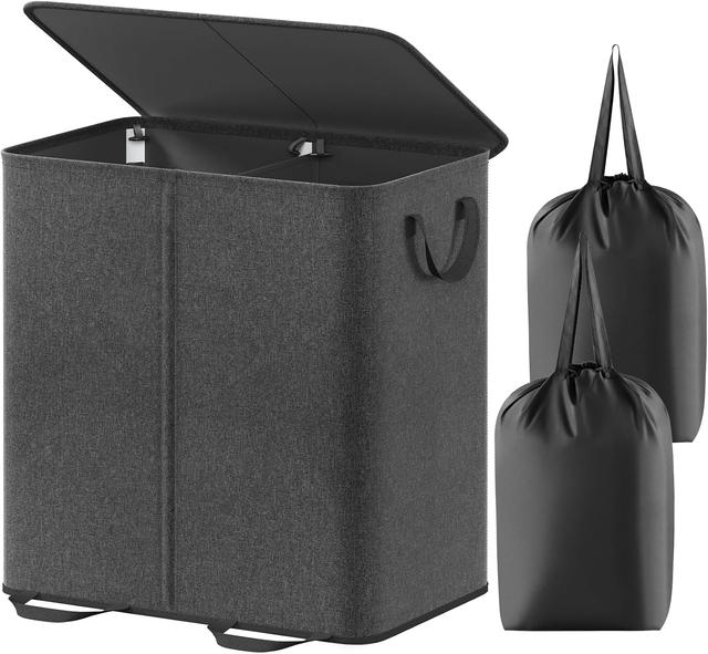 Product image of Lifewit Double Laundry Hamper with Lid and Removable Laundry Bags, Large Collapsible 2 Dividers Dirty Clothes Basket with Handles for Bedroom, Laundry Room, Closet, Bathroom, College, 136L Black