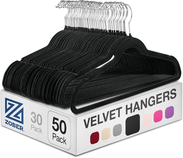 Product image of Zober Velvet Hangers 50 Pack - Black for Coats, Pants & Dress Clothes - Non Slip w/ 360 Degree Swivel, Holds up to 10 lbs - Strong Felt Hangers for Clothing