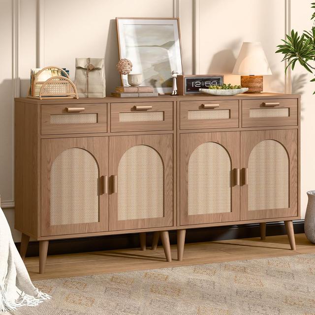 Product image of Vabches Kitchen Storage Cabinet with Barn Door, Rattan Sideboard Buffet with Storage Drawers, Rattan Kitchen Cabinet with Drawers for Dining Room, Living Room, EntryWay, Set of 2
