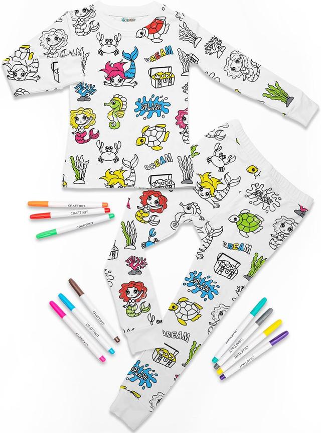 Product image of Craftikit® Kids Coloring Pajamas with Markers - Soft Bamboo Viscose 2-Piece Unisex PJs Set, Snug Fit Color Your Own Pajamas