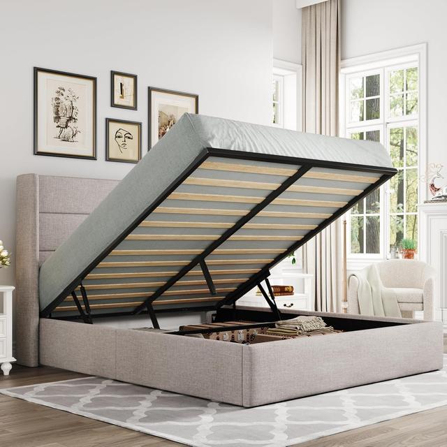 Product image of Allewie Queen Size Lift Up Storage Bed, Modern Wingback Headboard, Hydraulic Support, No Box Spring Needed, Light Beige