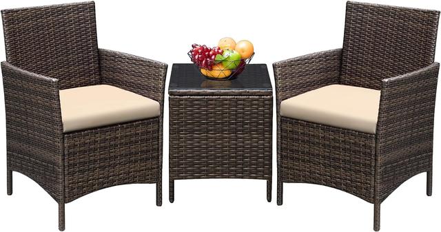 Product image of Greesum 3 Pieces Patio Furniture Sets Outdoor PE Rattan Wicker Chairs with Soft Cushion and Glass Coffee Table for Garden Backyard Porch Poolside, Brown and Beige