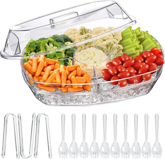 Product image of LIMOEASY Chilled Veggie Tray, 15 Inch Clear Party Platter with 4 Compartments, Ice Serving Bowl with Lid, Cold Food Buffet Server for Fruit, Vegetable, Appetizer, Shrimp