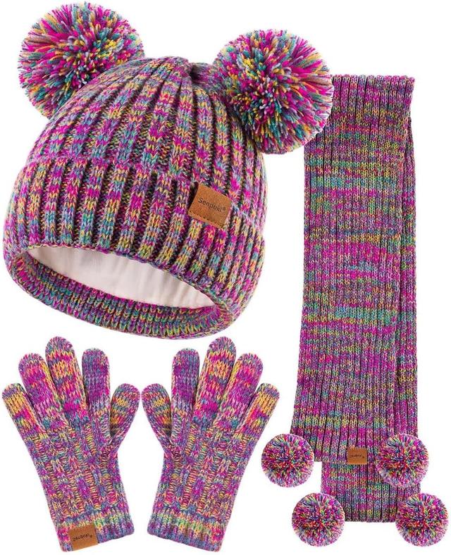 Product image of Kids Winter Hat Gloves Scarf Set, Girls Toddler Children Beanie with Pom Knit Neck Warmer Gaiter Mittens Fleece Lined Set