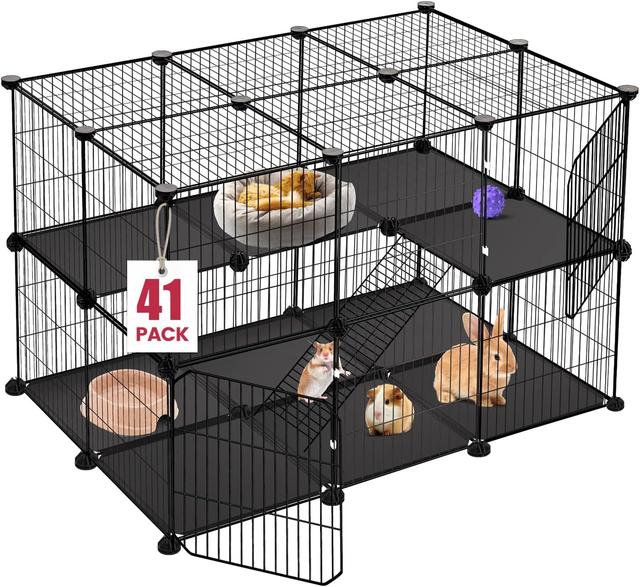 Product image of 41 Panels Pet Playpen, Small Animal Playpen with 2 Doors, C&C Cage for Guinea Pigs, Rabbit, Bunny, Chicken, Hedgehogs, Puppy Play Pen Indoor Outdoor, Two-Story Metal Chicken Play Pen