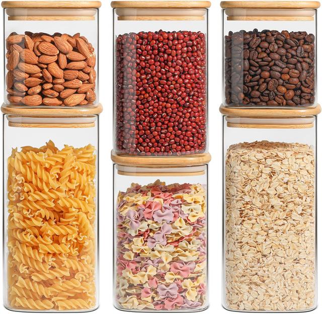 Product image of ComSaf Airtight Glass Storage Canister with Lids (24oz/37oz/51oz) Set of 6, Clear Food Storage Container Kitchen Pantry Storage Jar, Glass Jars for Flour Cereal Sugar Tea Coffee Beans Snacks, Square