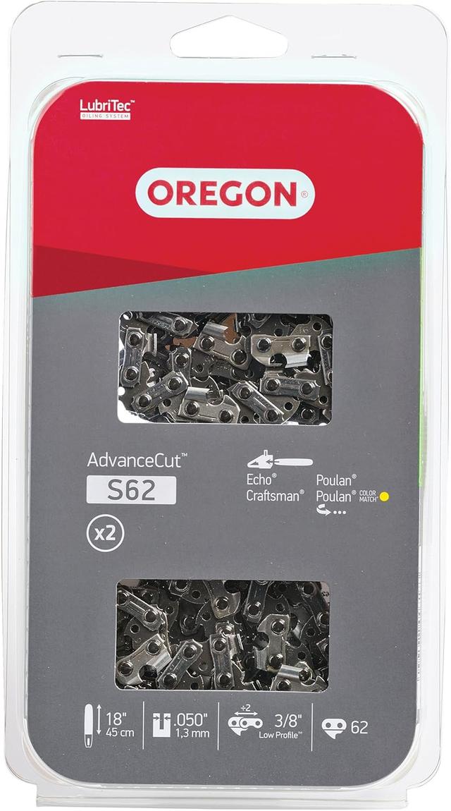 Product image of Oregon S62T AdvanceCut Chainsaw Chains 2-Pack, for 18-Inch Bar, 62 Drive Links, 2x Replacement Chainsaw Blades, .050 Inch Gauge, 3/8 Inch Pitch, Fits Craftsman, Atlas, Homelite, Ryobi, Ego & More
