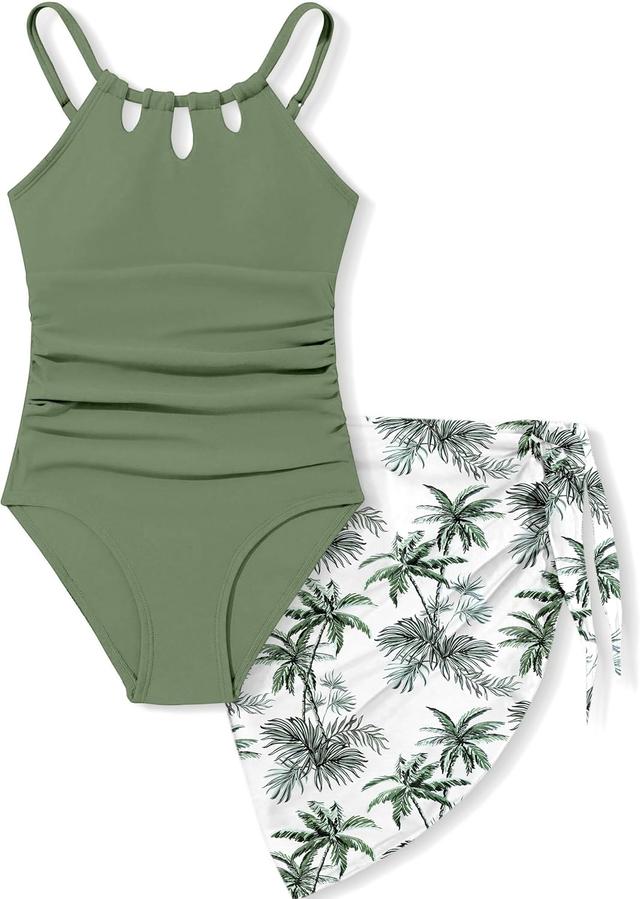 Product image of KANGKANG Girls Swimsuit Quick Dry Cut Out One Piece Swimsuits with Tropical Print Cover Up Skirt Bathing Suit Swimwear 7-18Y