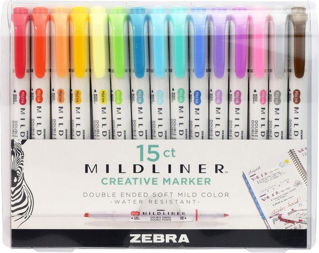 Product image of Zebra Pen Mildliner Double-Ended Highlighter Set, Broad and Fine Point Tips, Ideal for Bible Highlighting, No Bleed, Assorted Ink Colors, 15-Pack (78115)