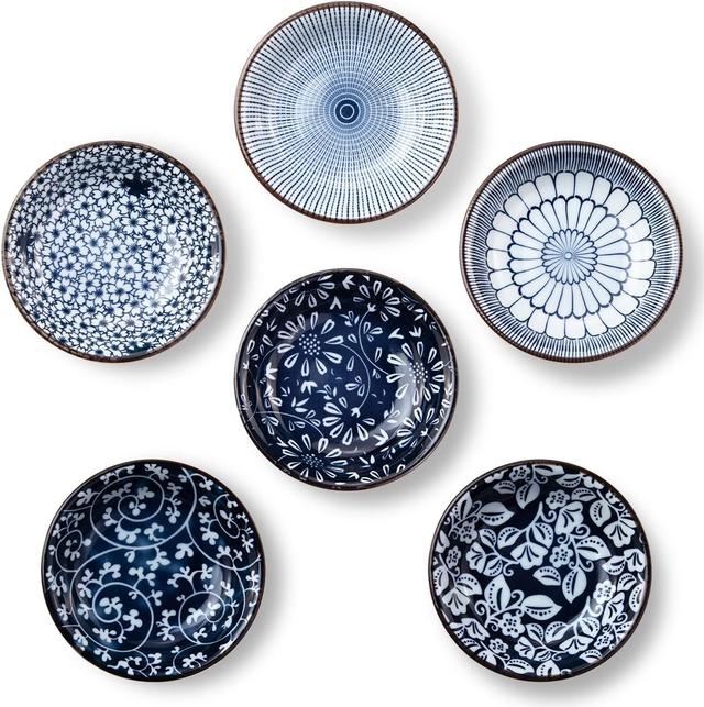 Product image of Dipping Bowls, Soy Sauce Dish Ceramic, 3 OZ Small Serving Bowls for Side Dishes Vintage Blue Stylish Design, Set of 6 Mini Appetizer Plates for Condiment Sushi Ketchup BBQ Party, 4 Inch