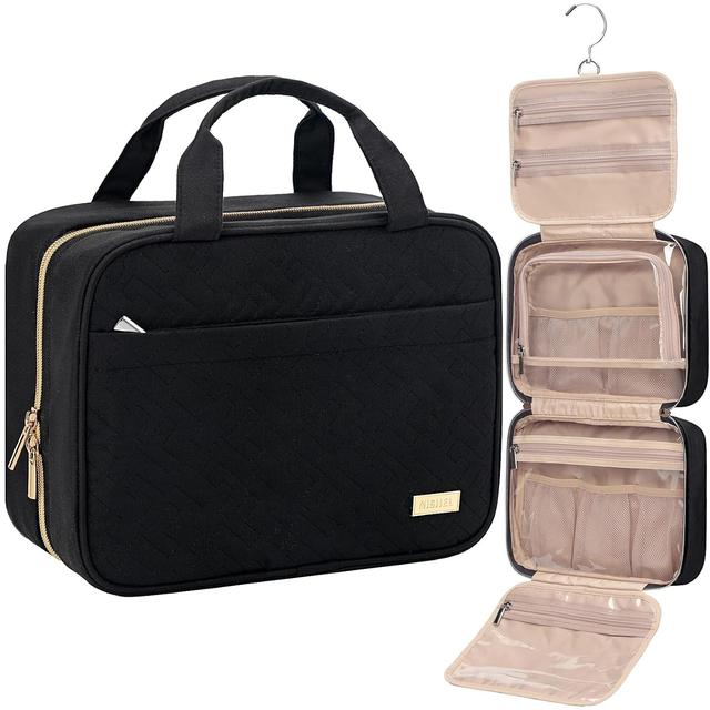 Product image of NISHEL Travel Toiletry Bag for women, Portable Hanging Organizer for Travel-Sized Shampoo, Conditioner, Brushes Set, makeup Accessories, Medium Size, Black