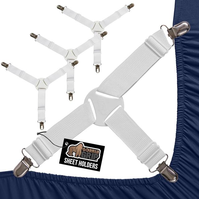 Product image of GORILLA GRIP Patent Pending Bed Sheet Holders, Adjustable Elastic Fasteners with Metal Clips, Keep in Place Fitted Bedding Straps, Easy Install Suspenders Mattress, Firm Tight, 4 Pack White