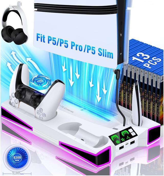 Product image of Kawaye PS5 Stand Cooling Station for PS5/Pro/Slim Console, PS5 Accessories Vertical Stand with 2.36in Large P5 Fan Cooling Fan, Colorful Light, Dual Controller Charger, Headset Holder, 3 Charger Port