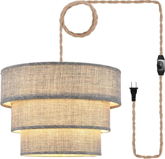 Product image of XININSUN 3-Tier Drum Plug in Pendant Light,Hanging Lamp with Dimmable Switch 15ft Hemp Rope Cord, Hanging Lights Fixture with Plug in Cord Plug in Chandelier for Bedroom Dining Room Entryway...