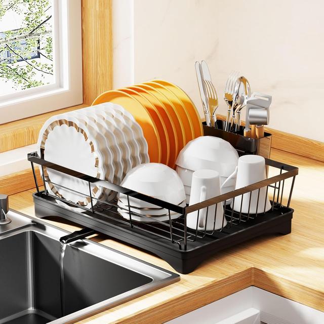 Product image of Dish Drying Rack for Kitchen Counter,Super Spacious&Compact Dish Rack,360° Rotary Spout, Cutlery/Tableware Holder,Rustproof Organizer Shelf with Drainboard,Black Sink Utensil Holder
